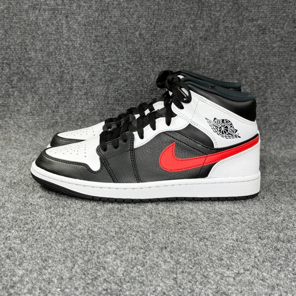 Jordan 1 Mid Shoes Men 8.5 Black Chile Red White Athletic Retro Hooping Sneakers
